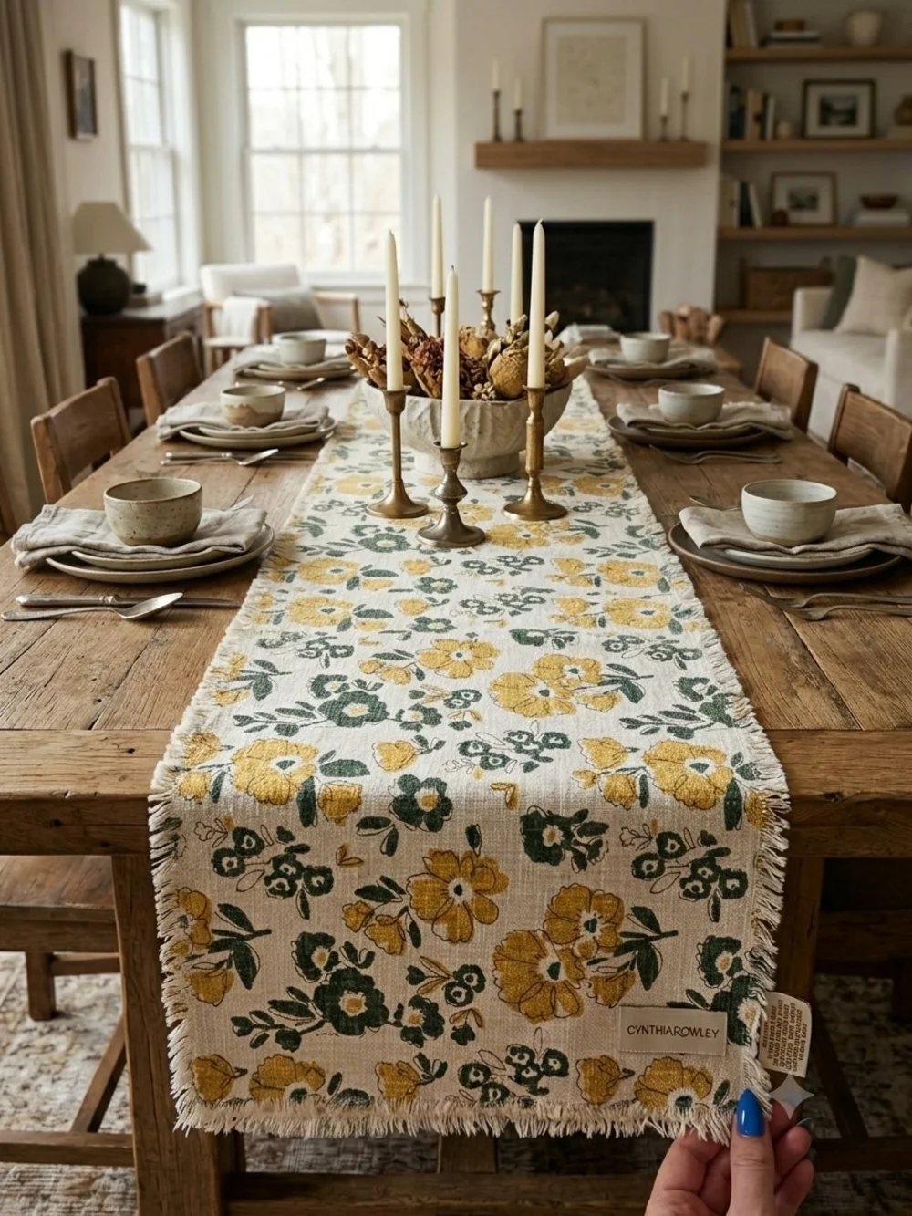Cynthia Rowley Yellow & Green Floral Fringe Table Runner